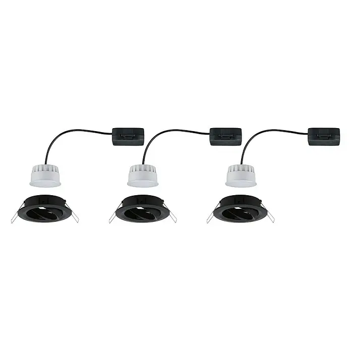 Paulmann Nova LED-Einbauleuchten-Set - 6,5 W, 3 Stk., Warmweiß, 8,4 cm, Schwarz - Eine Nahaufnahme von drei LED-Einbaustrahlern in Schwarz und Weiß, die für moderne Beleuchtungslösungen entworfen wurden.
