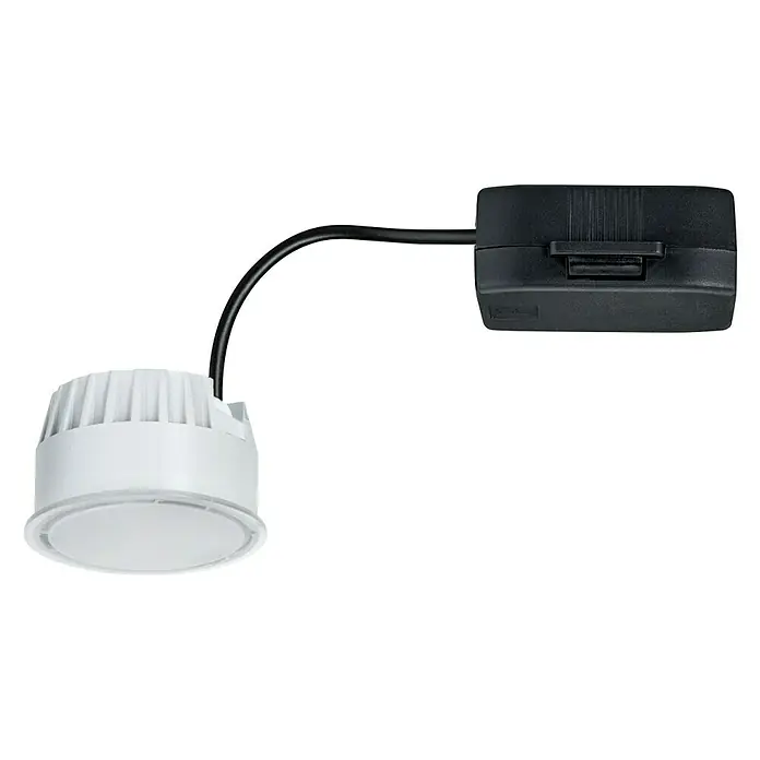 Paulmann Nova LED-Modul Coin - 6 W, Satin, Durchmesser: 5 cm, 4.000 K - Nahaufnahme einer weißen LED-Deckenleuchte mit schwarzem Treiber, die auf einem schwarzen Hintergrund montiert ist.