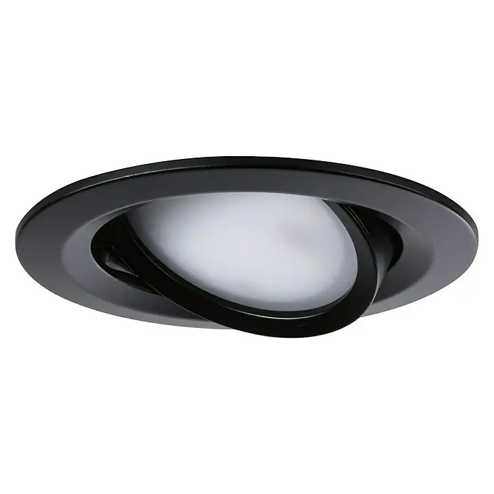 Paulmann Nova LED-Einbauleuchten-Set - Warmweiß, Durchmesser: 8,4 cm, Schwarz - Nahaufnahme einer schwarzen, runden Deckeneinbauleuchte mit verstellbarem Lichtkopf, ideal für gezielte Beleuchtung und modernes Design.