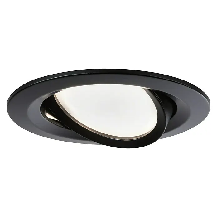 Paulmann Nova LED-Einbauleuchten-Set - 6,5 W, 3 Stk., Warmweiß, 8,4 cm, Schwarz - Nahaufnahme einer schwarzen, runden LED-Deckenleuchte mit verstellbarem, kreisförmigem Lichtaustritt für flexible Beleuchtung.
