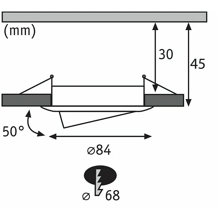 Paulmann Nova LED-Einbauleuchten-Set - Warmweiß, Durchmesser: 8,4 cm, Schwarz - Schematische Darstellung einer LED-Einbauleuchte mit Maßangaben und Installationshinweisen.