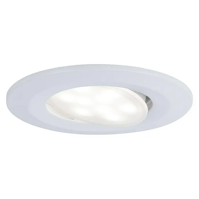 Paulmann LED-Einbauleuchte Calla - 18 W, Weiß, IP65, 3 Stk. - Nahaufnahme einer runden, weißen LED-Einbauleuchte, die ein helles, diffuses Licht ausstrahlt und für moderne Innenräume geeignet ist.