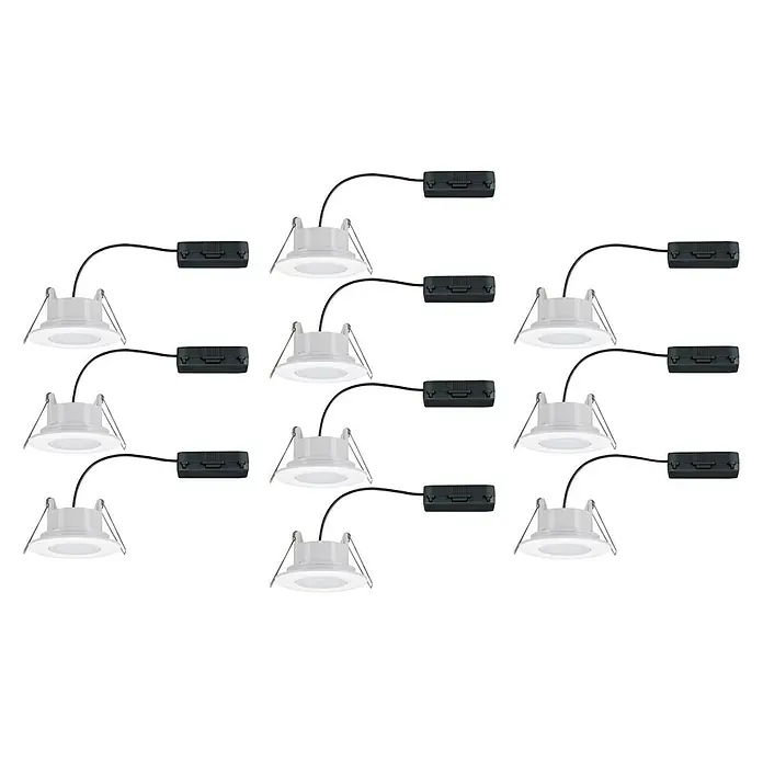 Paulmann LED-Einbauleuchte Calla - Neutralweiß, 10 Stk., IP65, Durchmesser: 90 mm, Weiß - Mehrere LED-Einbaustrahler mit schwarzem Treiber sind in diesem Produktbild dargestellt. Die Leuchten sind weiß und scheinen hell.