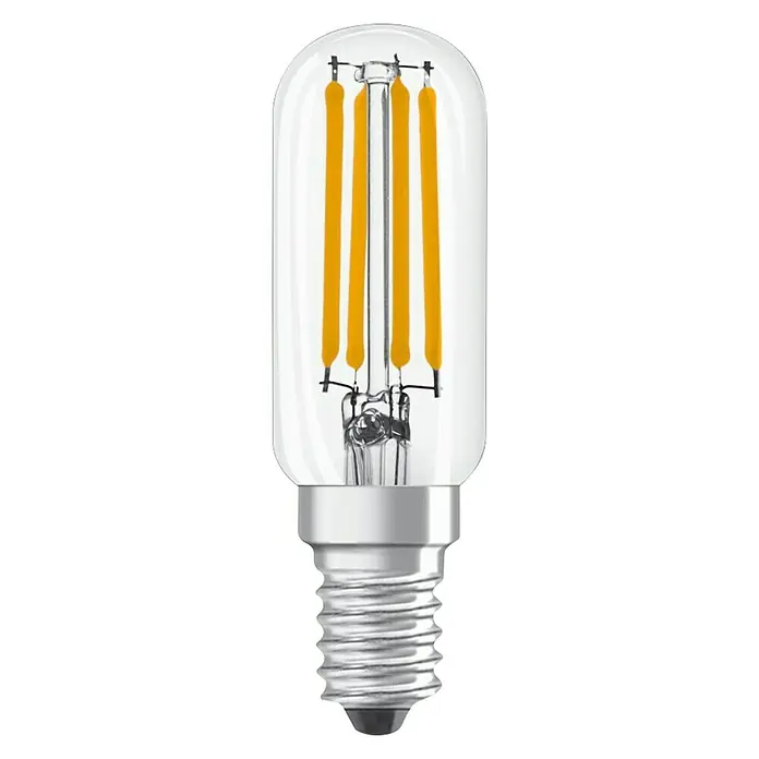 Osram LED-Lampe Special T26 - E14, Nicht Dimmbar, Warmweiß, 730 lm, 6,5 W - Nahaufnahme einer länglichen LED-Glühbirne mit klarem Glaskörper, die ihr modernes und energieeffizientes Design präsentiert.