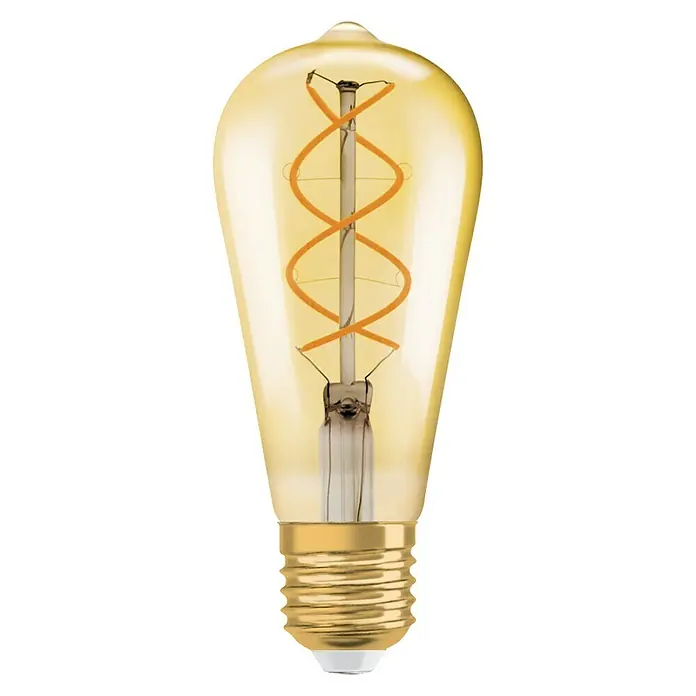 Osram LED-Lampe Vintage Edition 1906 Birnenform E27 - E27, Dimmbar, Warmweiß, 250 lm, 4 W, ST64 - Nahaufnahme einer goldfarbenen Edison-Glühbirne mit gewundenem Glühfaden auf schwarzem Hintergrund.
