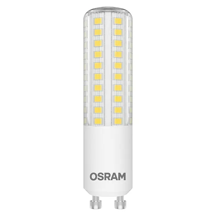 Osram Bombilla LED Stick regulable - GU10, Intensidad regulable, Blanco cálido, 806 lm, 7,5 W - Primer plano de una bombilla LED Osram con carcasa transparente y base blanca, ideal para iluminación eficiente.