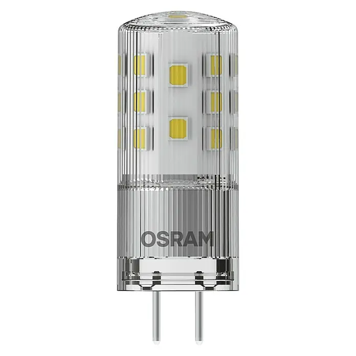 Osram LED-Lampe - GY6,35, Dimmbar, Warmweiß, 470 lm, 4,5 W - Nahaufnahme einer OSRAM LED-Lampe mit klarem Gehäuse, die das moderne Design und die effiziente Beleuchtung hervorhebt.