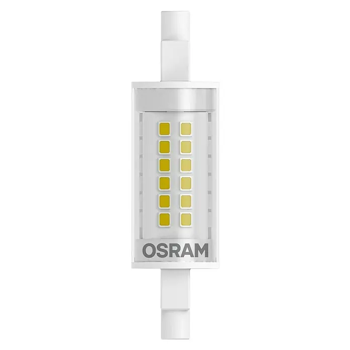 Osram LED-Lampe Slim Line R7s - R7s, Nicht Dimmbar, Warmweiß, 806 lm, 6 W - Nahaufnahme einer OSRAM LED Lampe mit einem rechteckigen Design und gelben LEDs vor einem schwarzen Hintergrund.