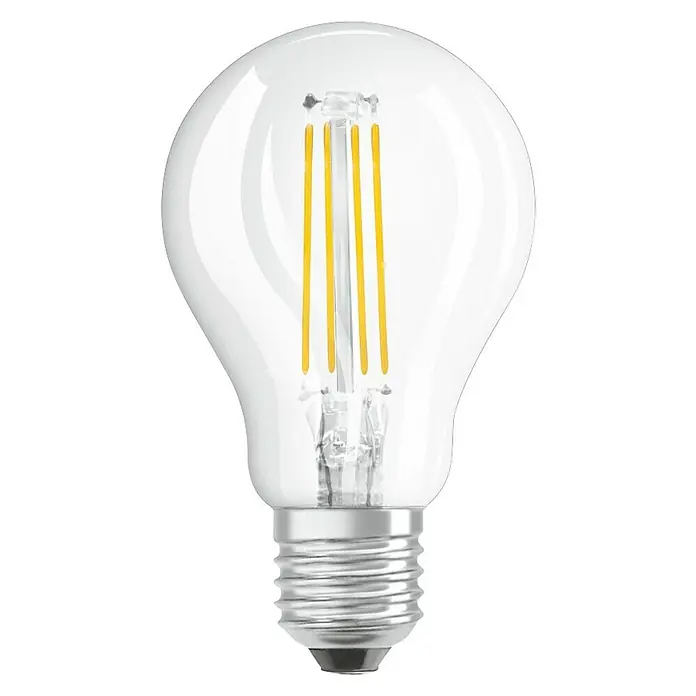 Osram Retrofit LED-Lampe Classic P - E27, Nicht Dimmbar, Tageslichtweiß, 470 lm, 4,5 W, Klar - Nahaufnahme einer LED-Filament-Glühbirne mit klarem Glas und silbernem Sockel auf schwarzem Hintergrund.