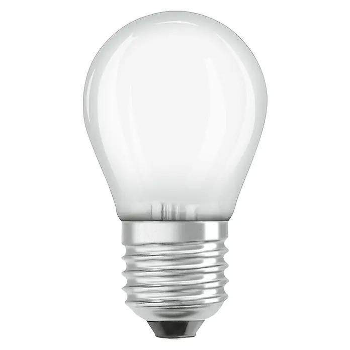 Osram Retrofit LED-Lampe Classic P - E27, Nicht Dimmbar, Tageslichtweiß, 470 lm, 4,5 W, Matt - Nahaufnahme einer matten, kugelförmigen Glühbirne mit einem silbernen Schraubsockel vor einem schwarzen Hintergrund.