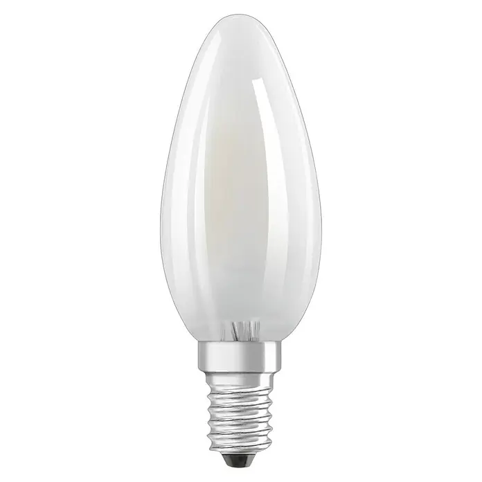 Osram Star LED-Lampen Set Classic B - E14, Nicht Dimmbar, Warmweiß, 250 lm, 2,5 W - Abbildung einer E14 LED-Lampe in Kerzenform mit mattiertem Glas, die ein warmes und angenehmes Licht für Wohnräume bietet.