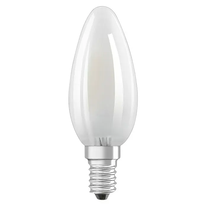 Osram Star LED-Lampen Set Classic B - E14, Nicht Dimmbar, Warmweiß, 470 lm, 4 W - Nahaufnahme einer weißen LED-Lampe in Kerzenform mit E14-Sockel, ideal für stimmungsvolle Beleuchtung und Energieeffizienz.