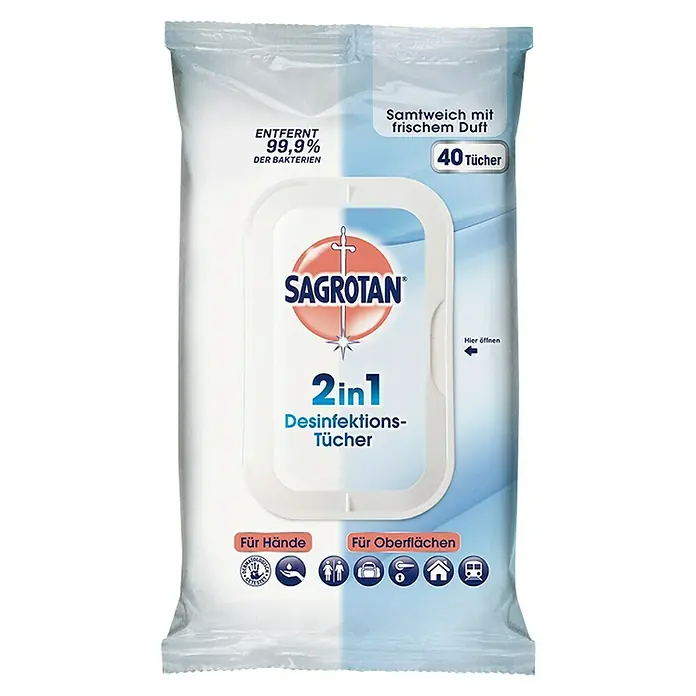 Sagrotan Desinfektionstücher 2in1 - 40 Stk. - Bild einer Packung Sagrotan 2in1 Desinfektionstücher mit der Aufschrift "Entfernt 99,9% der Bakterien".