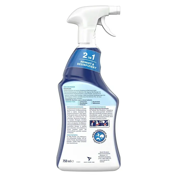 Sagrotan Dusche- & Badreiniger Atlantikfrische - 750 ml - Sagrotan Bad-Reiniger Ozeanfrische 2in1: Reinigt und desinfiziert Bad, entfernt Kalk, hinterlässt einen Anti-Schmutz-Film.