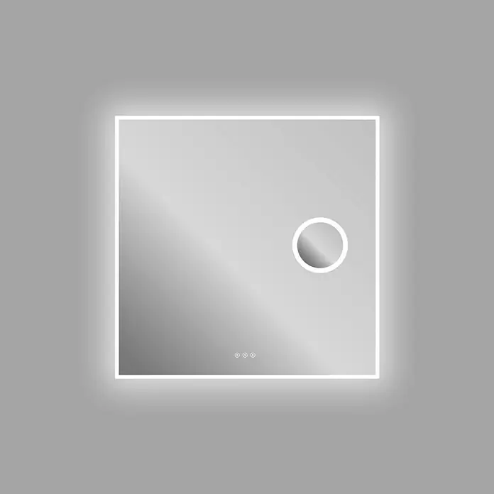 Espejo con luz Shira - 80 x 80 cm - Primer plano de un espejo de baño LED cuadrado con un botón táctil y tres botones más pequeños.
