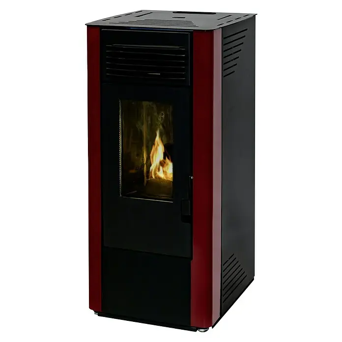 Estufa de pellets Nueva King 10 - 8,61 kW, Volumen de calefacción: 185 m³, 0,9 kg/h - 1,9 kg/h, Burdeos/Negro - Una estufa de pellets roja y negra con una ventana que muestra las llamas. Este aparato ofrece calor eficiente y diseño elegante.