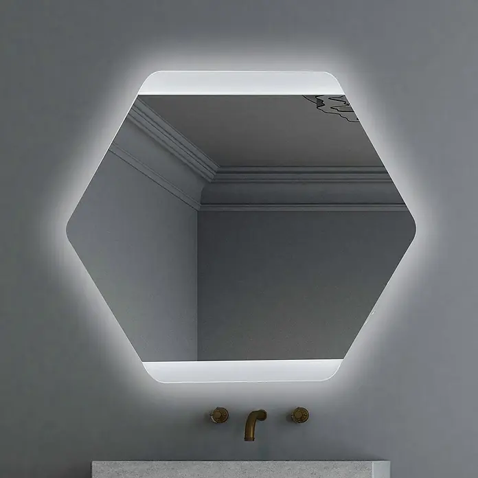 Espejo con luz Helix - 80 x 70 cm - Elegante espejo de baño hexagonal con iluminación LED. Un complemento elegante para baños modernos, que combina funcionalidad y diseño.
