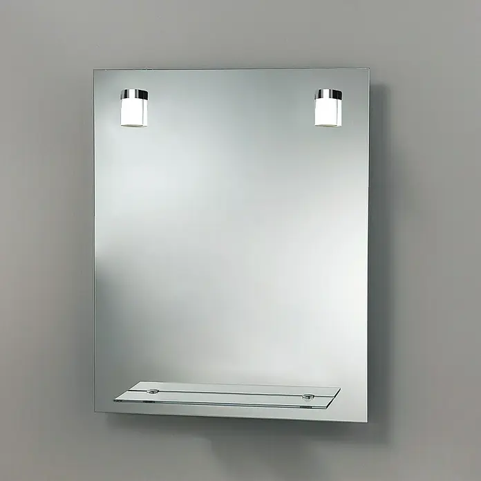 Camargue Espejo con luz Milan - 60 x 75 cm, Cromo, Bandeja - Espejo rectangular de baño con dos luces en la parte superior y una pequeña estantería en la parte inferior, ideal para el baño.