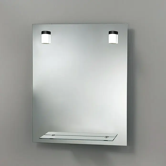 Camargue Espejo con luz Milan - 60 x 75 cm, Negro, Bandeja - Espejo de baño rectangular con estante de vidrio integrado y dos luces para una iluminación óptima. Ideal para cualquier baño.
