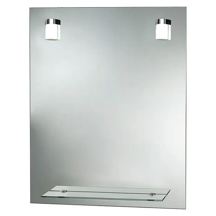 Camargue Espejo con luz Milan - 60 x 75 cm, Cromo, Bandeja - Lámpara de espejo con estante. Un elegante espejo de pared con iluminación integrada y un estante práctico para elementos esenciales del baño.