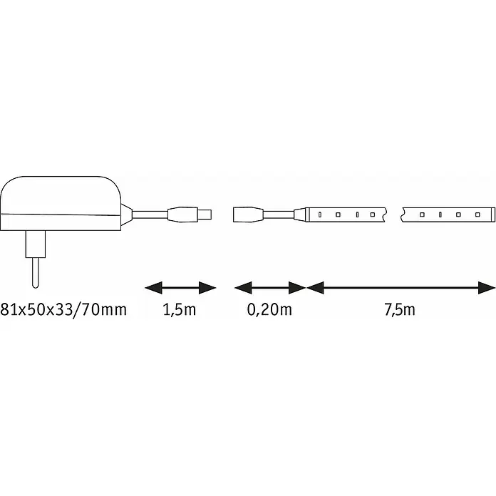 Paulmann LED-Band Strip - Länge: 7,5 m, Lichtfarbe: Kaltweiß, 20 W, 1.402 lm - Abbildung einer LED-Lichterkette mit Netzstecker und den Abmessungen 81x50x33/70mm, 1,5m Kabel, 0,20m Verbindung und 7,5m Lichterkette.