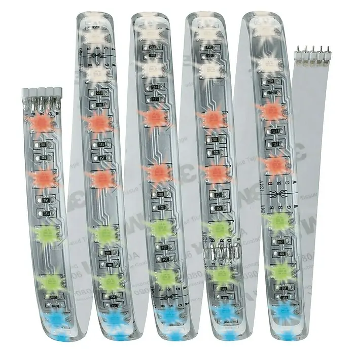 Paulmann MaxLED 500 LED-Band RGBW Basisset - 1,5 m, RGBW - Nahaufnahme von mehreren LED-Streifen mit bunten Lichtern und Klebestreifen auf der Rückseite.