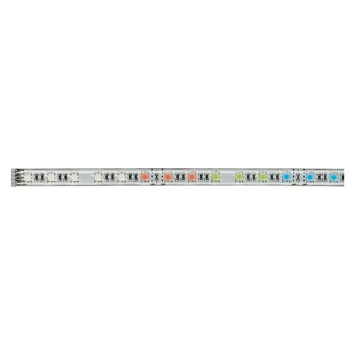 Paulmann MaxLED LED-Band RGBW - 1 m, RGBW - Nahaufnahme eines LED-Streifens mit bunten LEDs auf einem schwarzen Hintergrund.