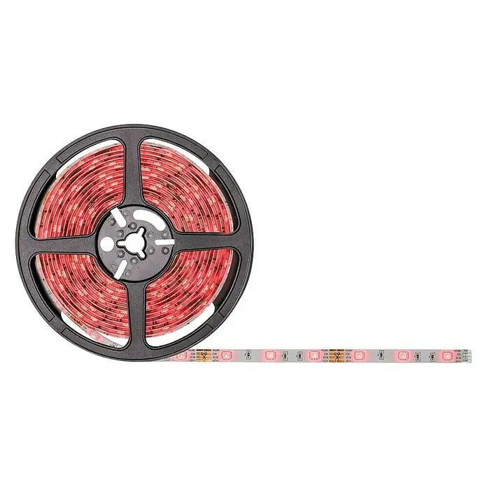 Paulmann LED-Band Strip RGB - 5 m, RGB - Eine Rolle rote LED-Streifen auf einem schwarzen Hintergrund. Das Lichtband ist aufgerollt und leuchtet rot.