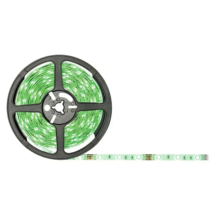 Paulmann LED-Band Strip RGB - 5 m, RGB - Nahaufnahme einer LED-Lichterkette auf einer Rolle, die grünes Licht ausstrahlt, ideal für dekorative Beleuchtung und Akzente im Innenbereich.