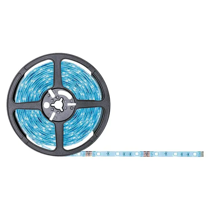 Paulmann LED-Band Strip RGB - 5 m, RGB - LED-Streifen auf einer Rolle. Der LED-Streifen ist blau und auf einer schwarzen Rolle aufgewickelt, ein praktisches Beleuchtungselement.