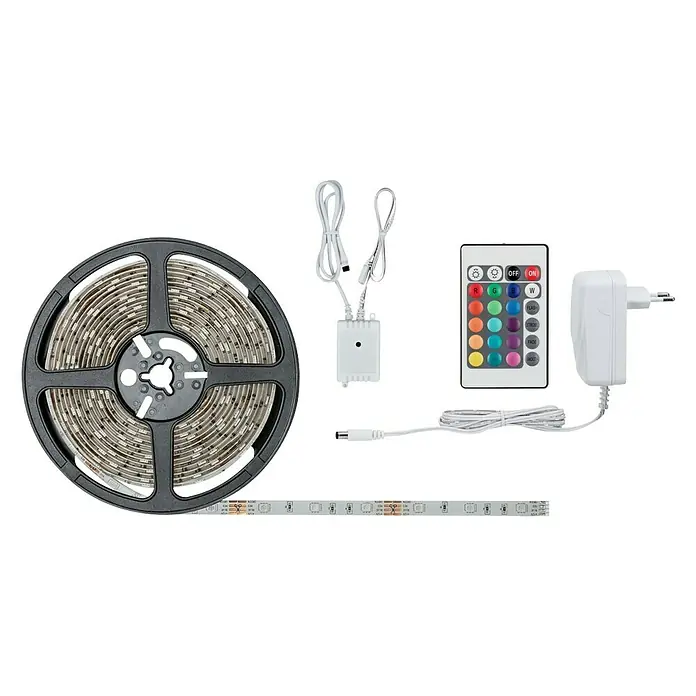 Paulmann LED-Band Strip RGB - 5 m, RGB - RGB-LED-Streifen-Set mit Fernbedienung, Steuerung, Netzteil und Spule. Beleuchten Sie Ihr Zuhause farbenfroh.