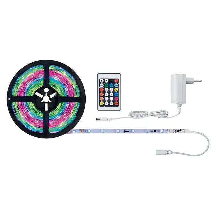 Paulmann LED-Band Motion - Länge: 5 m, Lichtfarbe: RGB, 10 W, 325 lm, 12 V - LED-Streifen-Set mit Fernbedienung und Netzteil. Das Set enthält einen LED-Streifen auf einer Rolle, eine Fernbedienung und ein Netzteil.