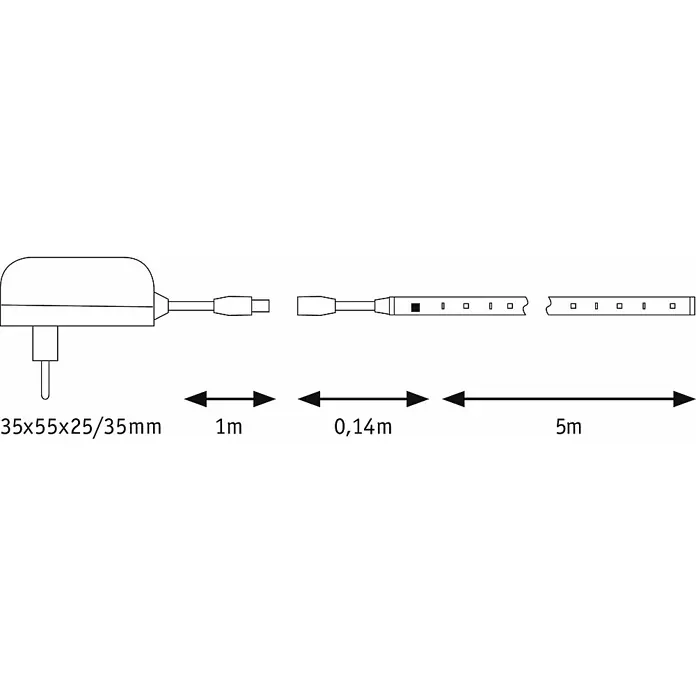 Paulmann LED-Band Motion - Länge: 5 m, Lichtfarbe: RGB, 10 W, 325 lm, 12 V - Abbildung einer LED-Lichterkette mit den Maßen des Steckers, Kabellänge und des Leuchtstreifens für den Innenbereich.