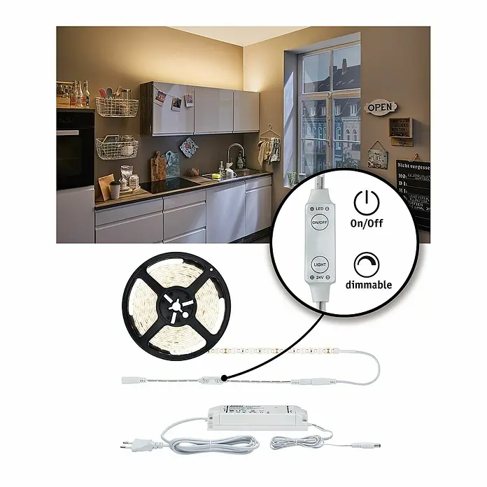Paulmann LED-Band Power Strip - Länge: 3 m, Lichtfarbe: Warmweiß, 33 W, 3.300 lm, 24 V - Produktbild einer LED-Lichtleiste mit Dimmfunktion zur Küchenbeleuchtung, inklusive Steuerungselementen und Zubehör.