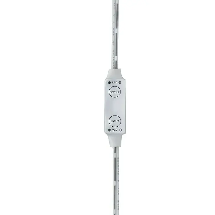 Paulmann LED-Band Power Strip - Länge: 1,5 m, Lichtfarbe: Warmweiß, 17 W, 1.650 lm, 24 V - Nahaufnahme eines weißen LED-Lichtstreifens mit Bedienelementen für Ein/Aus und Helligkeit.