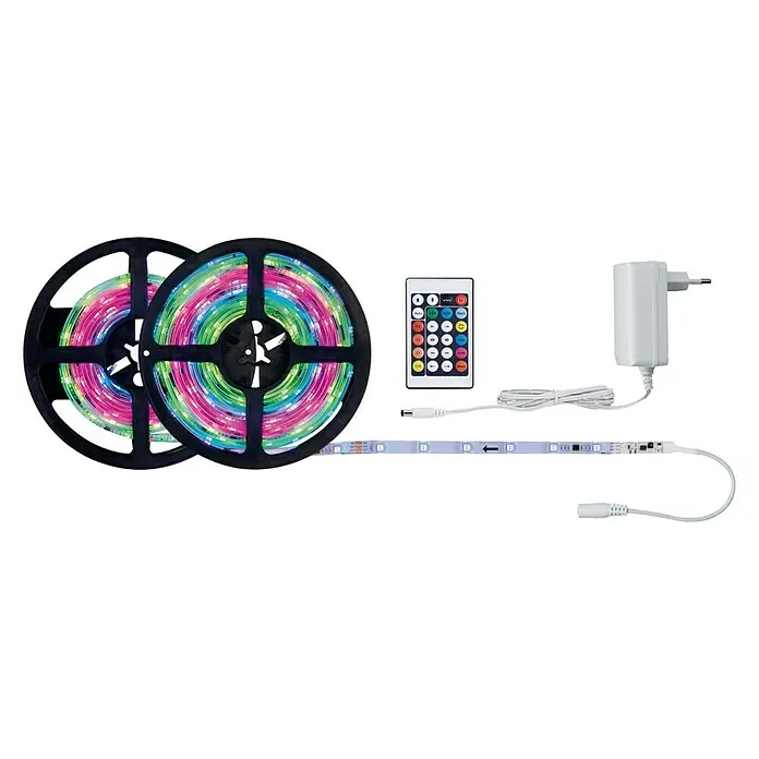 Paulmann LED-Band Motion - Länge: 7,6 m, Lichtfarbe: RGB, 15 W, 494 lm, 12 V - Abbildung von zwei LED-Streifen auf Rollen, einer Fernbedienung und einem Netzteil für stimmungsvolle Beleuchtung.