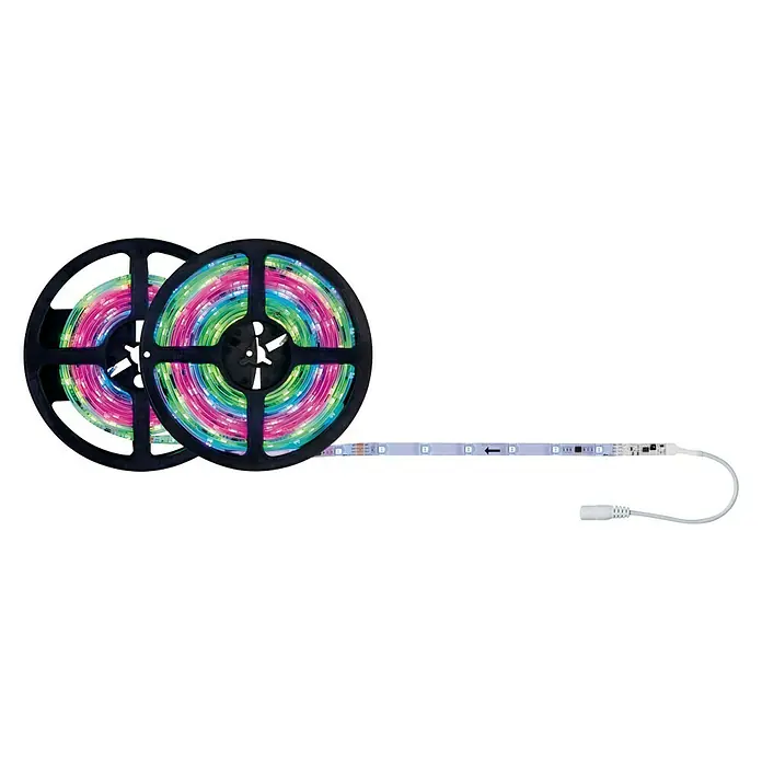 Paulmann LED-Band Motion - Länge: 7,6 m, Lichtfarbe: RGB, 15 W, 494 lm, 12 V - Farbige LED-Streifen auf Rollen mit Anschlüssen. LED-Bänder sind auf zwei schwarzen Rollen aufgewickelt und zeigen leuchtende Farben.