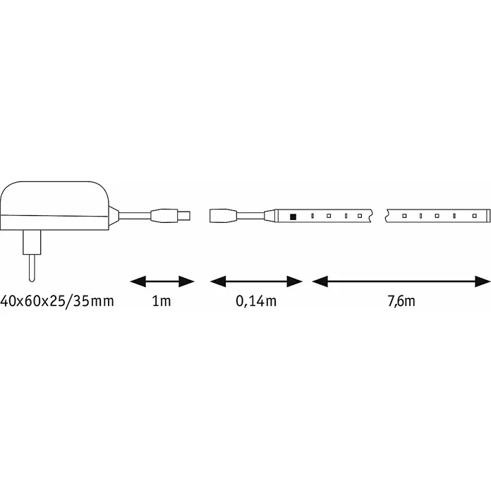 Paulmann LED-Band Motion - Länge: 7,6 m, Lichtfarbe: RGB, 15 W, 494 lm, 12 V - Schematische Darstellung einer LED-Lichterkette mit Stecker und Maßangaben für die einzelnen Abschnitte.