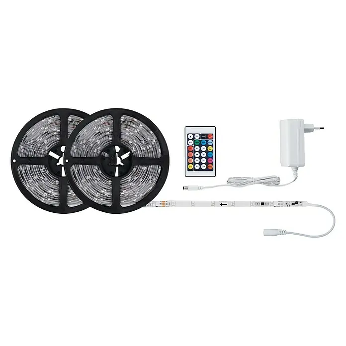 Paulmann LED-Band Motion - Länge: 10 m, Lichtfarbe: RGB, 17 W, 650 lm, 12 V - LED-Lichterkette mit Fernbedienung und Netzteil auf schwarzem Hintergrund. Ideal für stimmungsvolle Beleuchtung im Innenbereich.