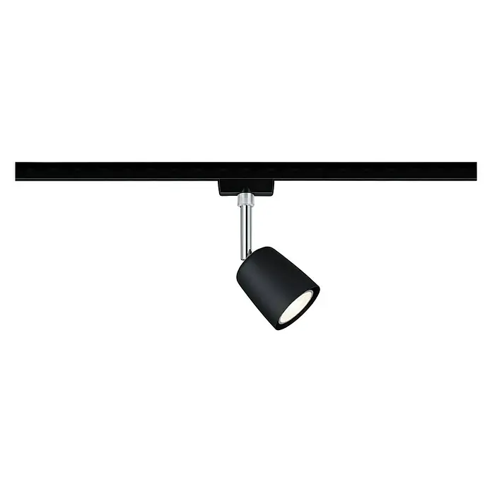 Paulmann URail LED-Spot Cover - 10 W, Schwarz, Chrom, GU10 - Nahaufnahme einer schwarzen Schienenleuchte mit Chromstange, die modernes Design und Beleuchtungslösungen hervorhebt.