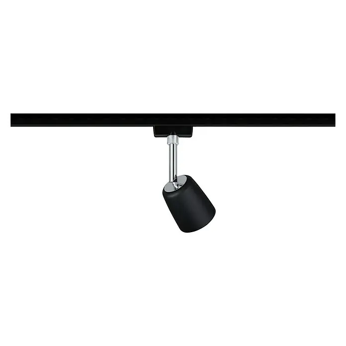 Paulmann URail LED-Spot Cover - 10 W, Schwarz, Chrom, GU10 - Schwarzer Strahler an einer schwarzen Stromschiene mit silberner Halterung für moderne Innenraumbeleuchtung.