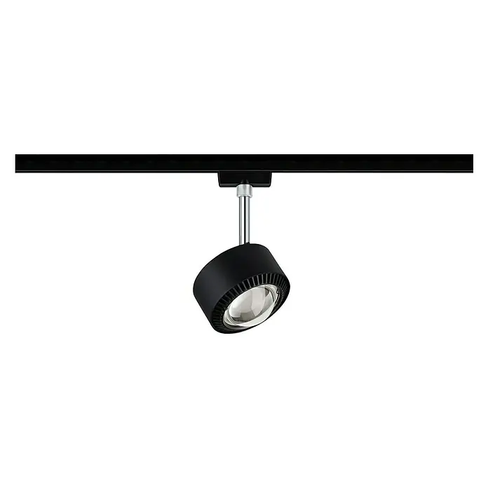 Paulmann URail Foco LED para riel Aldan - Negro, 9,8 x 9,8 x 17 cm, Blanco cálido - Primer plano de un elegante foco LED negro para carril con un brazo cromado ajustable, ideal para soluciones de iluminación modernas.