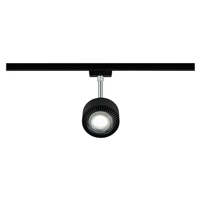 Paulmann URail LED-Spot Aldan - Schwarz, Chrom, 9,8 x 9,8 x 17 cm, Warmweiß - Nahaufnahme einer LED-Trackleuchte mit schwarzem Gehäuse und hellem Licht. Perfekt für gezielte Beleuchtung im Innenbereich.