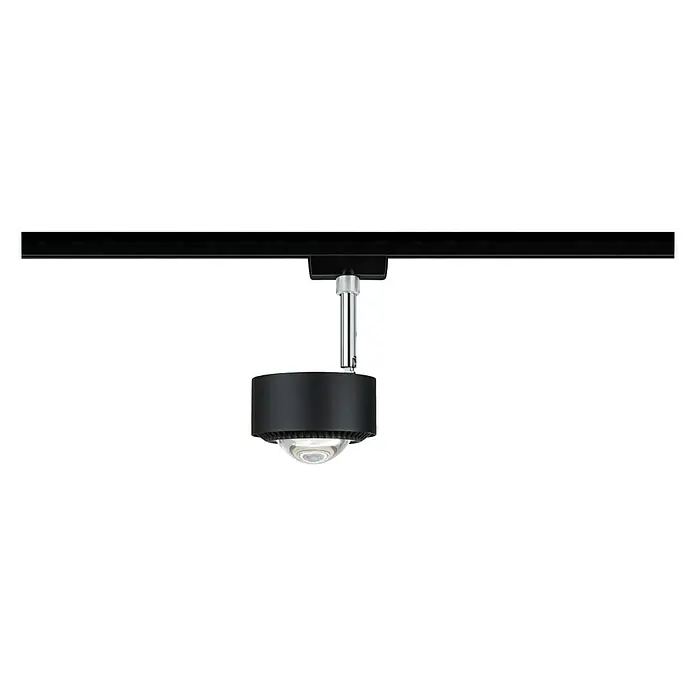 Paulmann URail LED-Spot Aldan - Schwarz, Chrom, 9,8 x 9,8 x 17 cm, Warmweiß - Schwarzer LED-Strahler an einer Schiene montiert, der ein fokussiertes Licht nach unten wirft. Elegante Beleuchtungslösung für moderne Innenräume.