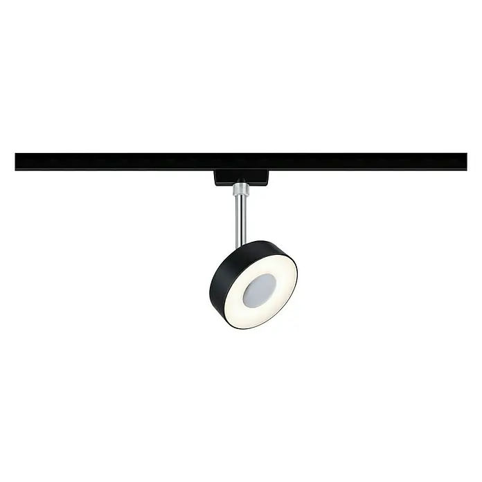 Paulmann URail LED-Spot Circle - 5 W, Schwarz, Chrom, Warmweiß - Nahaufnahme einer modernen, schwarzen und silbernen LED-Schienenleuchte, die an einer schwarzen Schiene befestigt ist und helles Licht ausstrahlt.