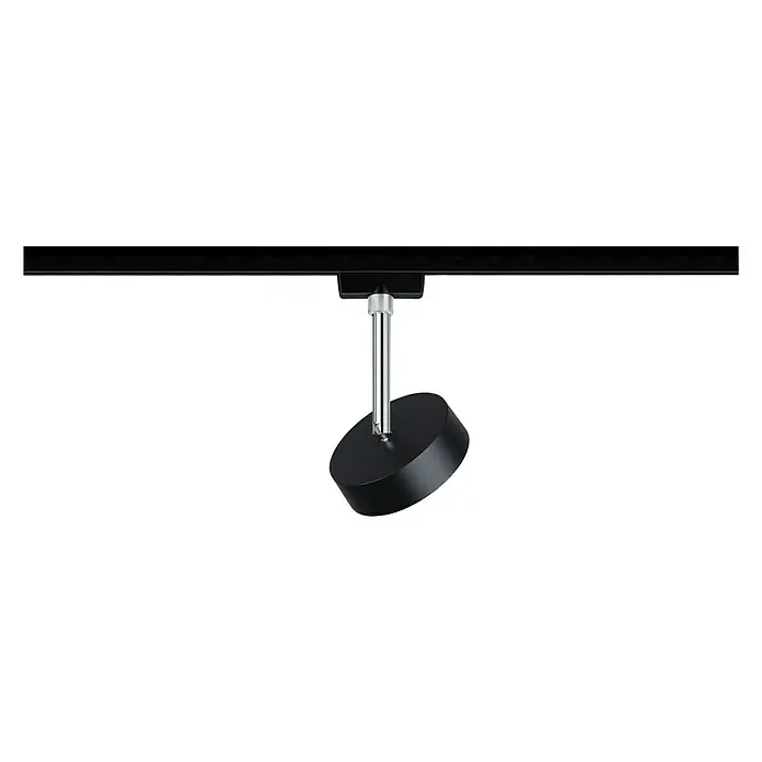 Paulmann URail LED-Spot Circle - 5 W, Schwarz, Chrom, Warmweiß - Das Bild zeigt eine schwarze Schienenleuchte mit einem zylindrischen Lampenkopf unter einer schwarzen Schiene. Die Lampe ist modern und minimalistisch.