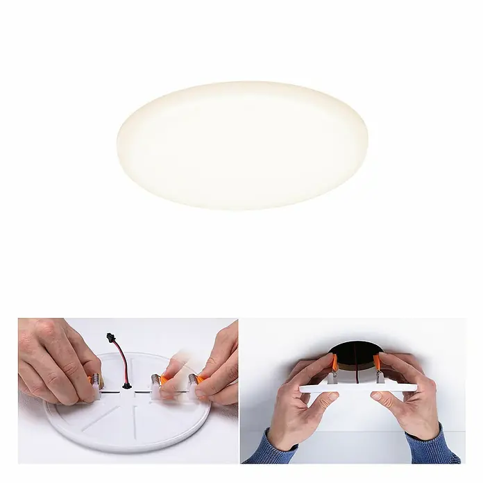 Paulmann LED-Panel rund Veluna VariFit - 8,5 W, Ø x H: 12,5 x 3,1 cm, Satin, Warmweiß, Nicht Dimmbar - LED Deckenleuchte, Montageanleitung gezeigt. Flaches, rundes Design für moderne Beleuchtungslösungen.
