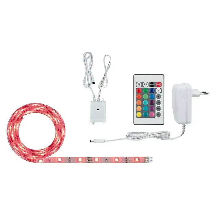Paulmann Tira LED - Largo: 1,5 m, Color de luz: RGB, 12 W, 152 lm - Imagen del producto de una tira de luz LED con un mando a distancia, fuente de alimentación y cable de conexión. Perfecto para iluminación ambiental interior.