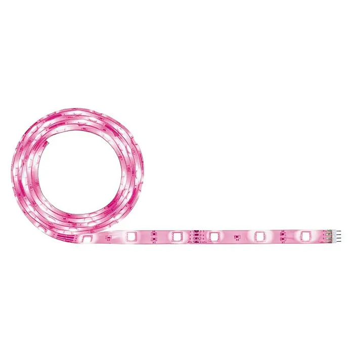 Paulmann Tira LED - Largo: 1,5 m, Color de luz: RGB, 12 W, 152 lm - Primer plano de una tira LED con luz rosa, enrollada y colocada sobre un fondo negro.