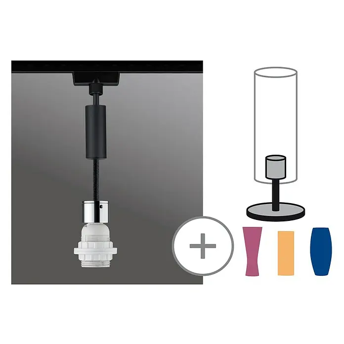 Paulmann URail 2Easy Pendelleuchte Basic - 20 W, Schwarz, Chrom, Höhe: 150 cm - Produktbild einer Hängeleuchte mit verschiedenen Lampenschirmoptionen, um das Erscheinungsbild der Leuchte anzupassen und zu verändern.